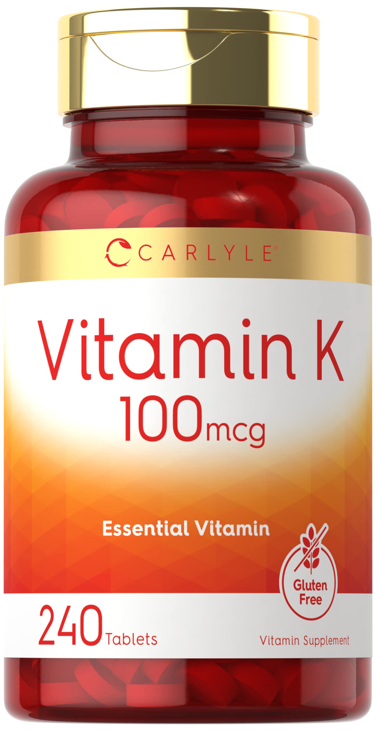 Carlyle envase frontal de Vitamina K 240 tabletas mostrando presentación y beneficio de conveniencia