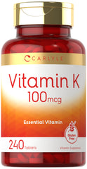 Carlyle envase frontal de Vitamina K 240 tabletas mostrando presentación y beneficio de conveniencia