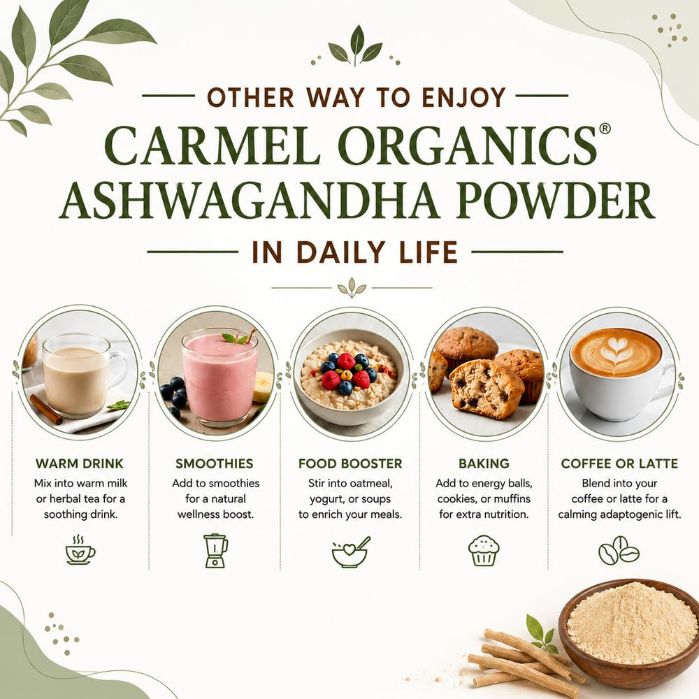 CARMEL ORGANICS comparación de tamaño con cuchara para dosificar