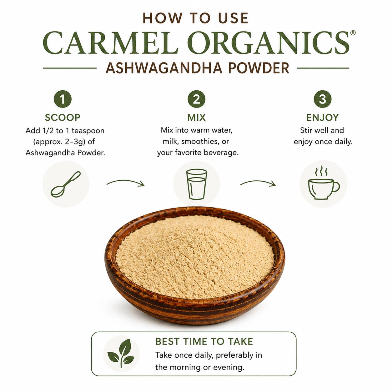 CARMEL ORGANICS etiqueta con información de lote y pruebas