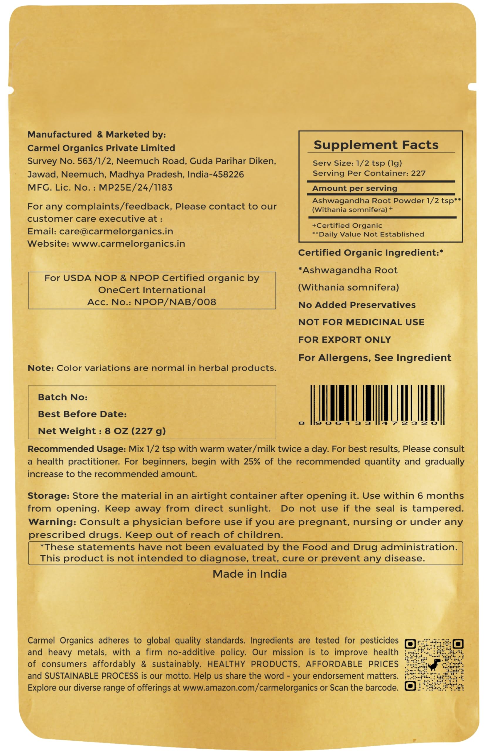 CARMEL ORGANICS textura fina del polvo fácil de mezclar