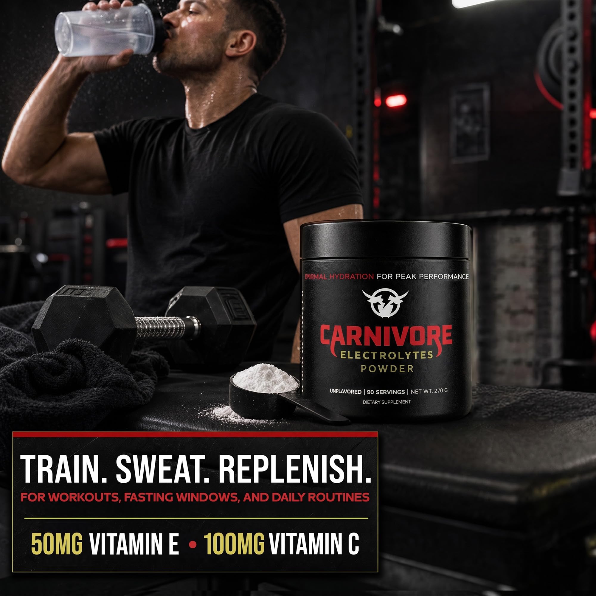 Carnivore Electrolytes bote abierto con cuchara medidora, control de raciones