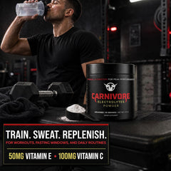 Carnivore Electrolytes bote abierto con cuchara medidora, control de raciones