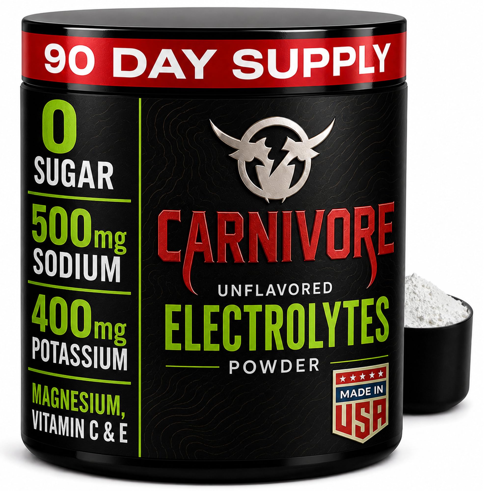 Carnivore Electrolytes frente del envase mostrando 90 porciones y beneficios