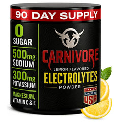 Carnivore Electrolytes frasco frontal mostrando la marca y beneficio hidratación