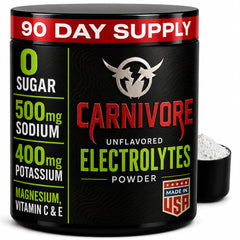 Carnivore Electrolytes frente del envase mostrando 90 porciones y beneficios