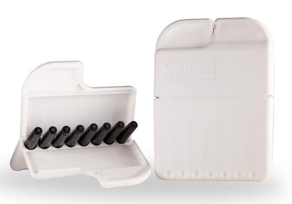 Castle Hearing pack frontal mostrando protectores y beneficio de recambio rápido