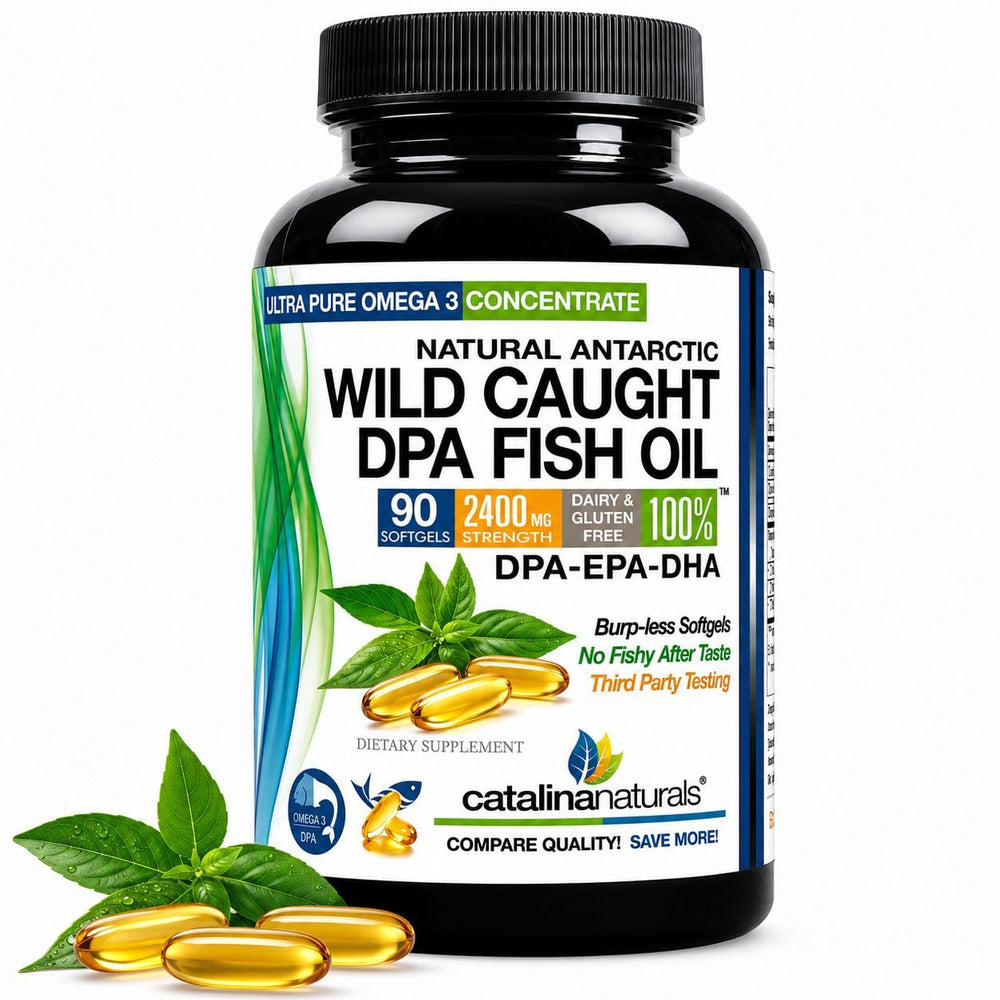 Catalina Naturals frente del envase mostrando 90 cápsulas y alta concentración de omega‑3