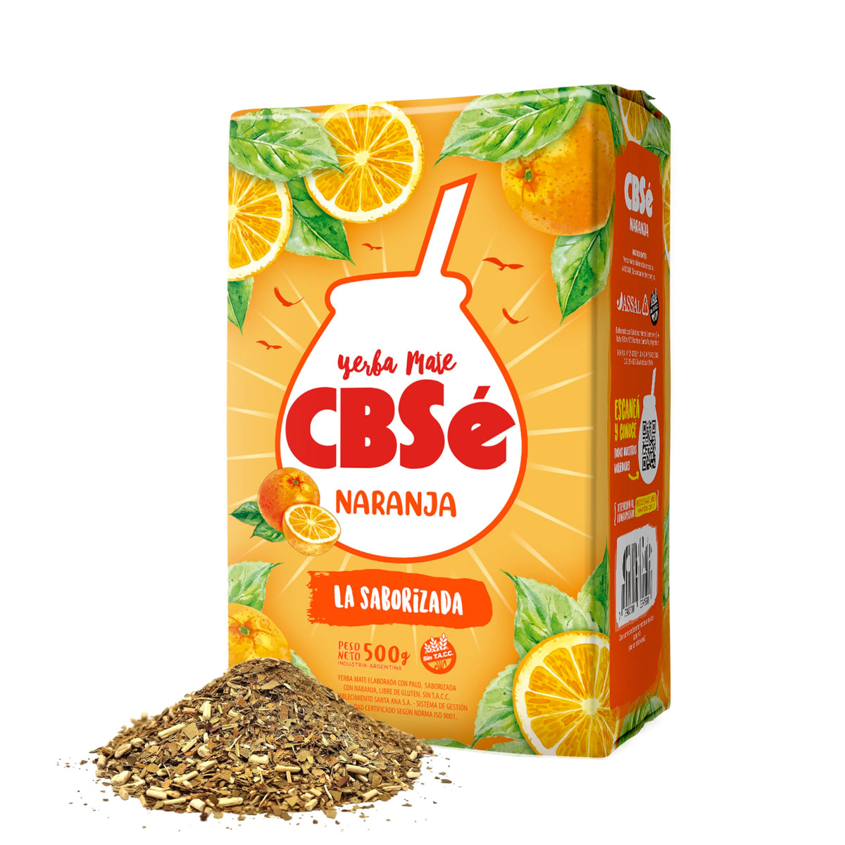 CBSé empaque frontal destacando sabor naranja y formato 500 g, ideal para compra