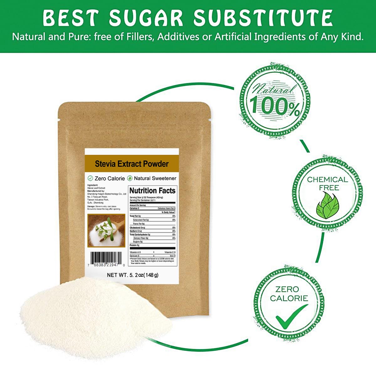 CCnature polvo de stevia en primer plano que muestra textura fina y fácil disolución