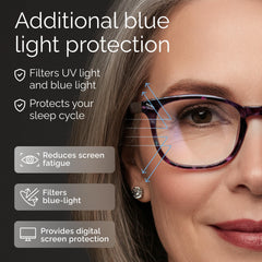 CCVOO gafas puestas por mujer leyendo móvil, mejora del confort visual