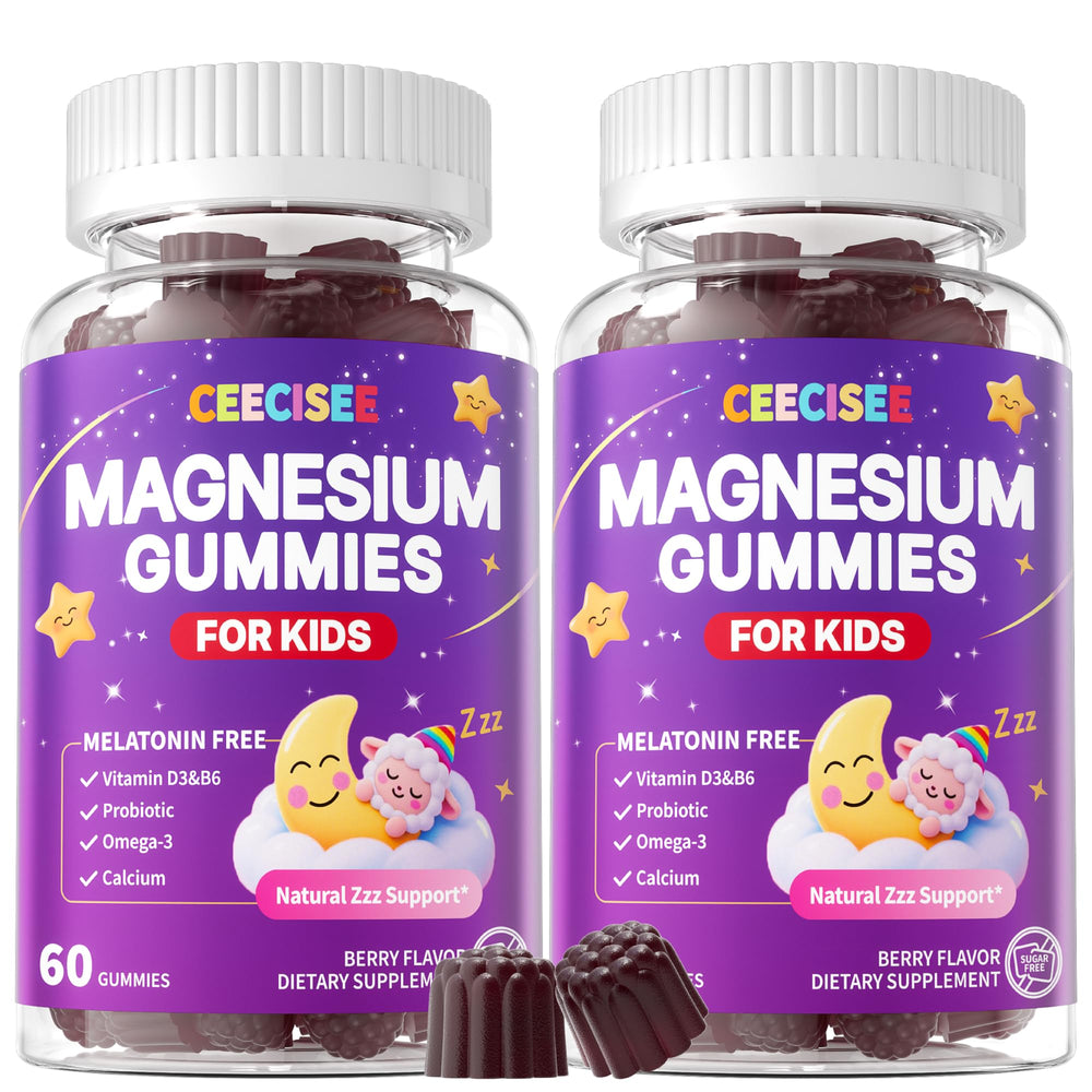 Envase CEECISEE de gomitas de magnesio sin melatonina presentado frontalmente con beneficios visibles