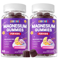 Envase CEECISEE de gomitas de magnesio sin melatonina presentado frontalmente con beneficios visibles
