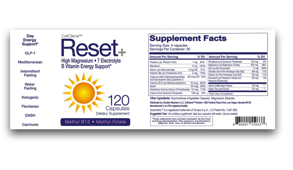 CELCLENE Reset+ etiqueta con lista de ingredientes destacando B12 metilada y magnesio