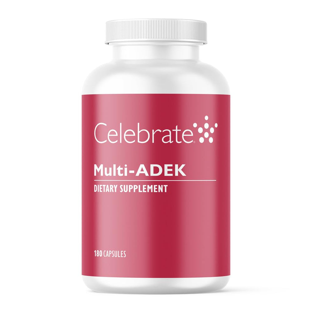Celebrate Vitamins frasco frontal mostrando el envase y beneficio de soporte ADEK