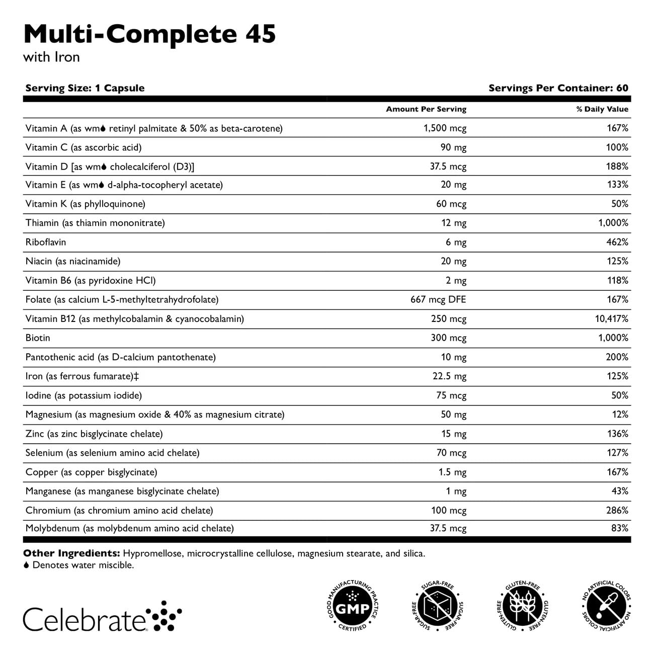 Celebrate Vitamins etiqueta con lista de nutrientes optimizados para absorción