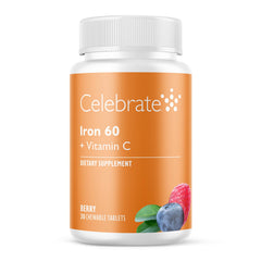 Celebrate Vitamins envase frontal mostrando 60 mg hierro y 60 mg vitamina C