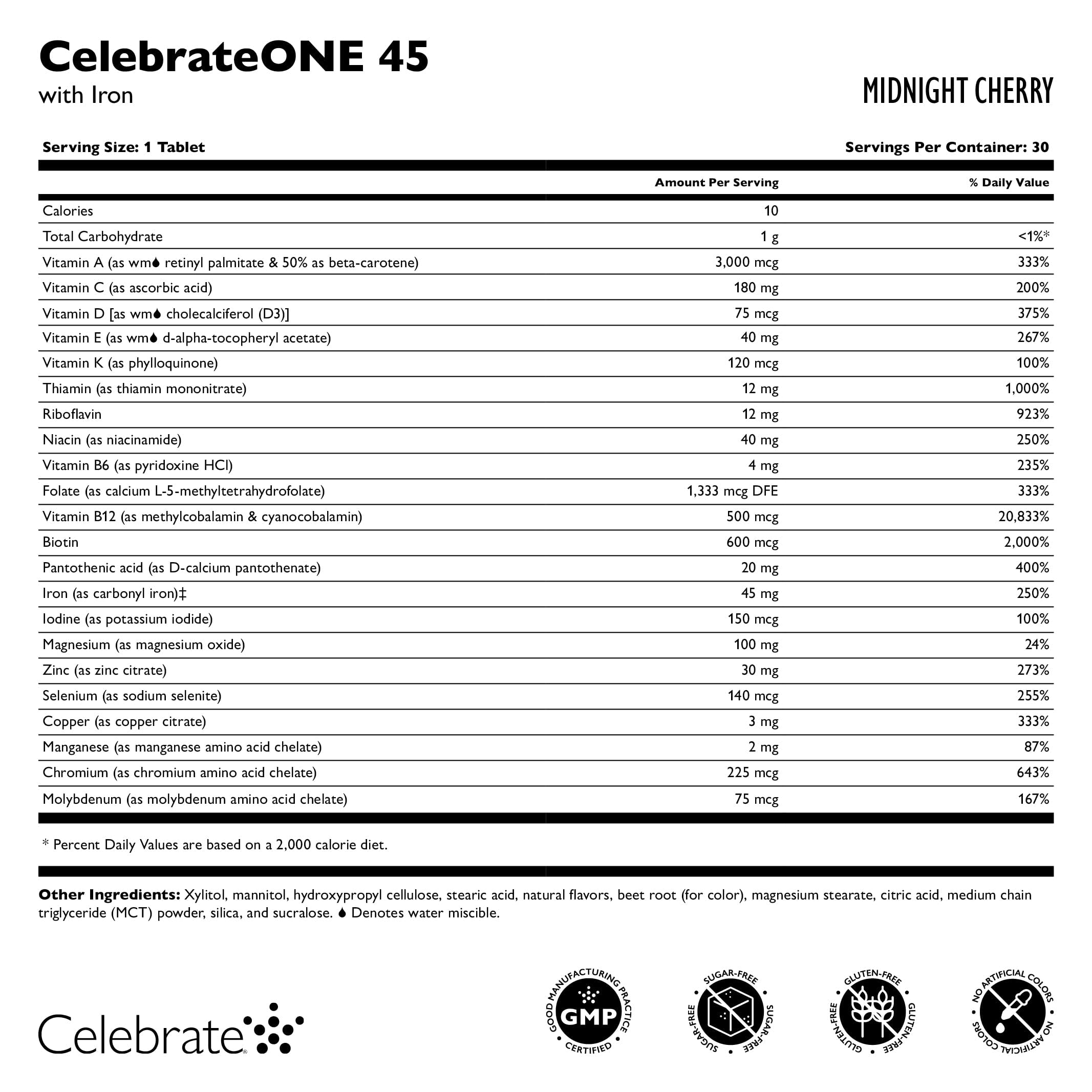 Celebrate Vitamins etiqueta detallada con nutrientes de alta biodisponibilidad