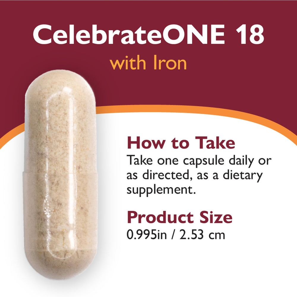 Etiqueta nutricional CelebrateONE mostrando hierro 18 mg y fórmulas clave