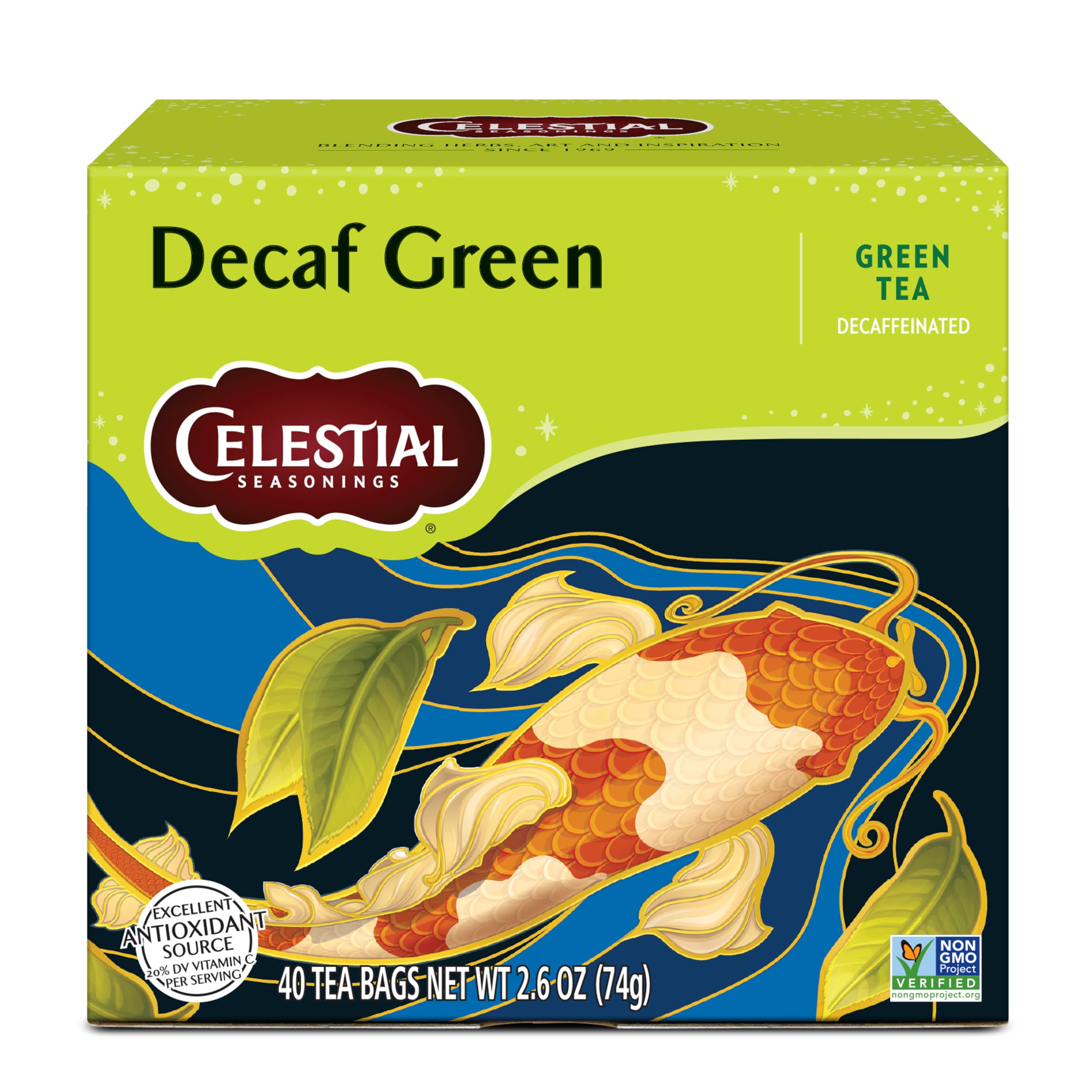 Celestial Seasonings caja frontal mostrando 40 bolsitas y beneficios naturales