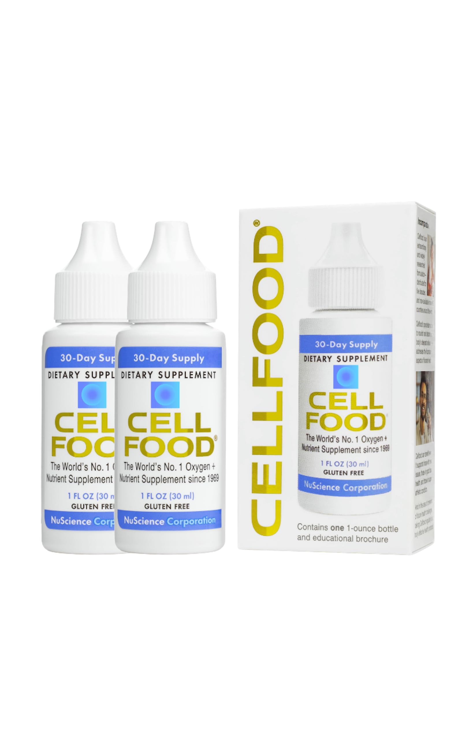 Cellfood botella frontal mostrando diseño y beneficios visibles