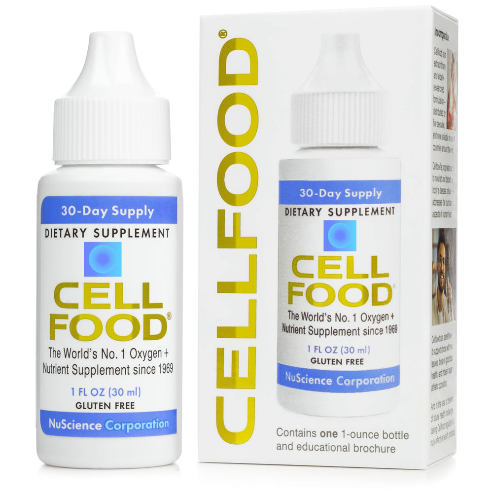 Cellfood frasco frontal mostrando la presentación y etiqueta, beneficio: fácil identificación