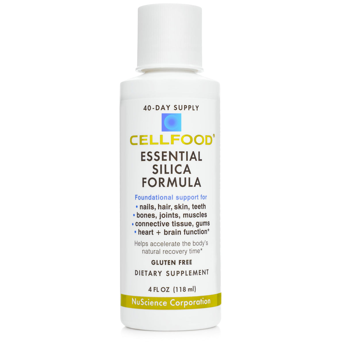 Cellfood botella frontal mostrando etiqueta y beneficio de fácil absorción