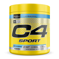Cellucor C4 envase frontal mostrando sabor ICY Blue Razz y beneficios