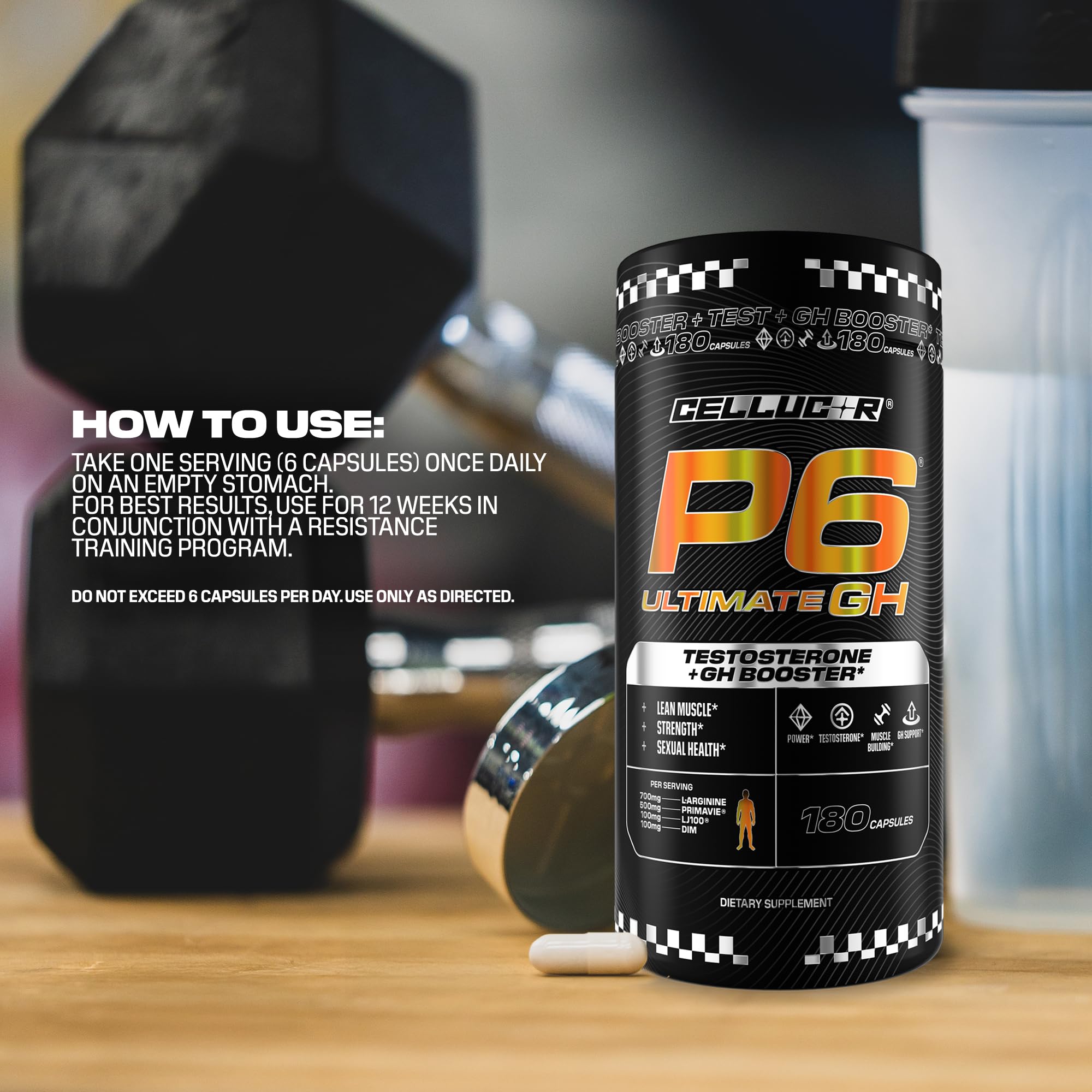 Escena de gimnasio con Cellucor P6 indicando apoyo a entrenamiento