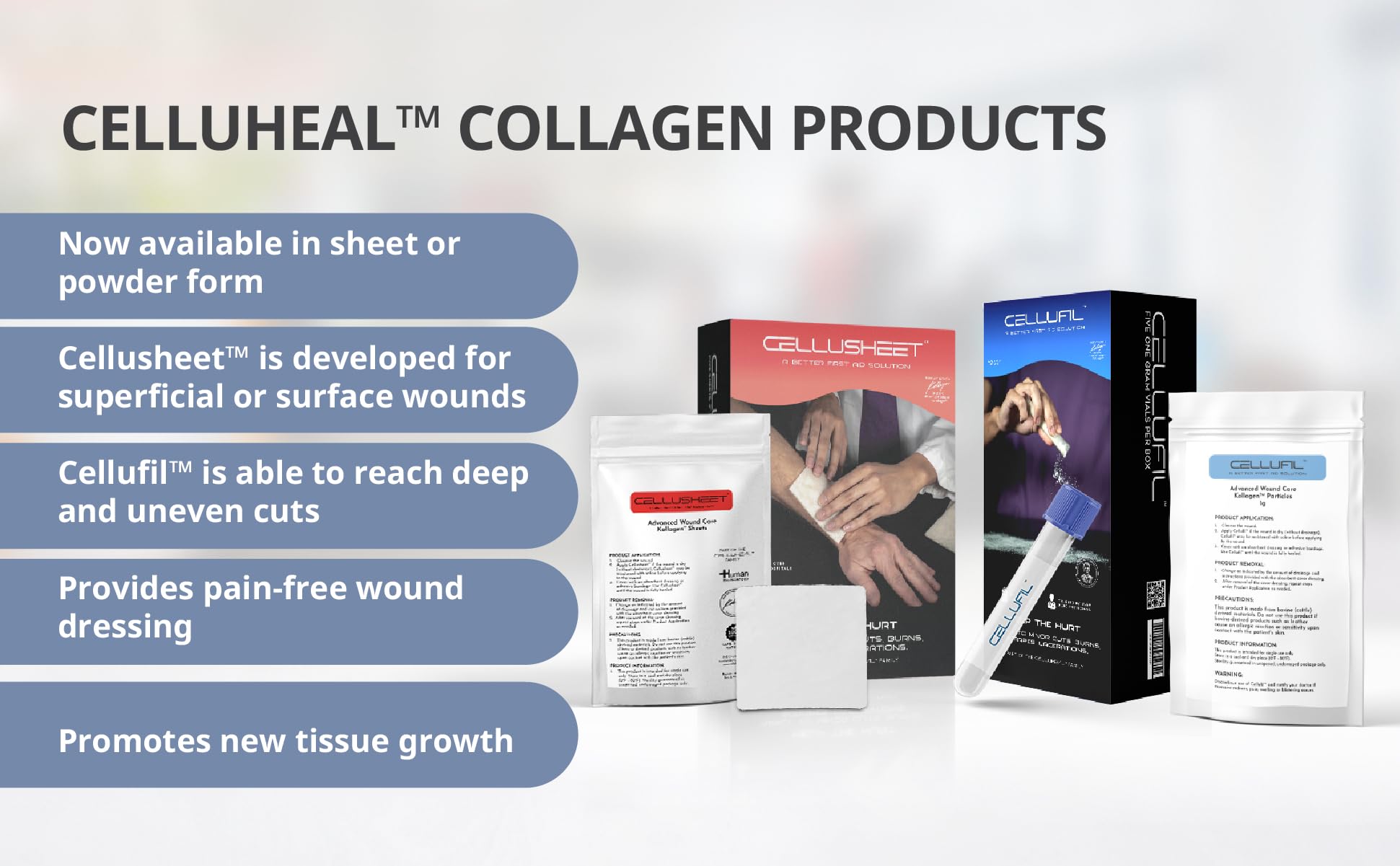 Celluheal caja con cinco viales alineados, presentación por unidad