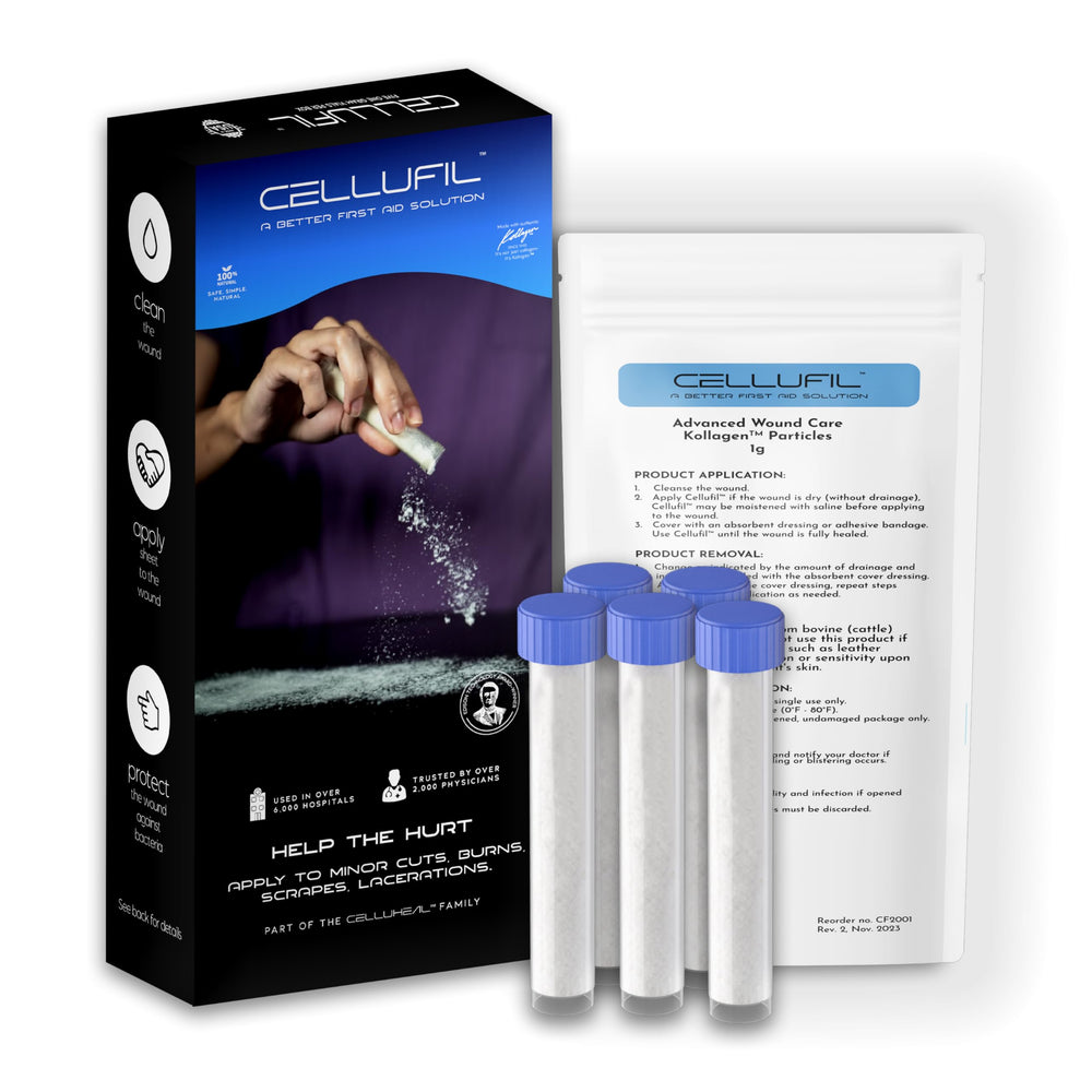 Celluheal vial abierto con polvo de colágeno listo para aplicación