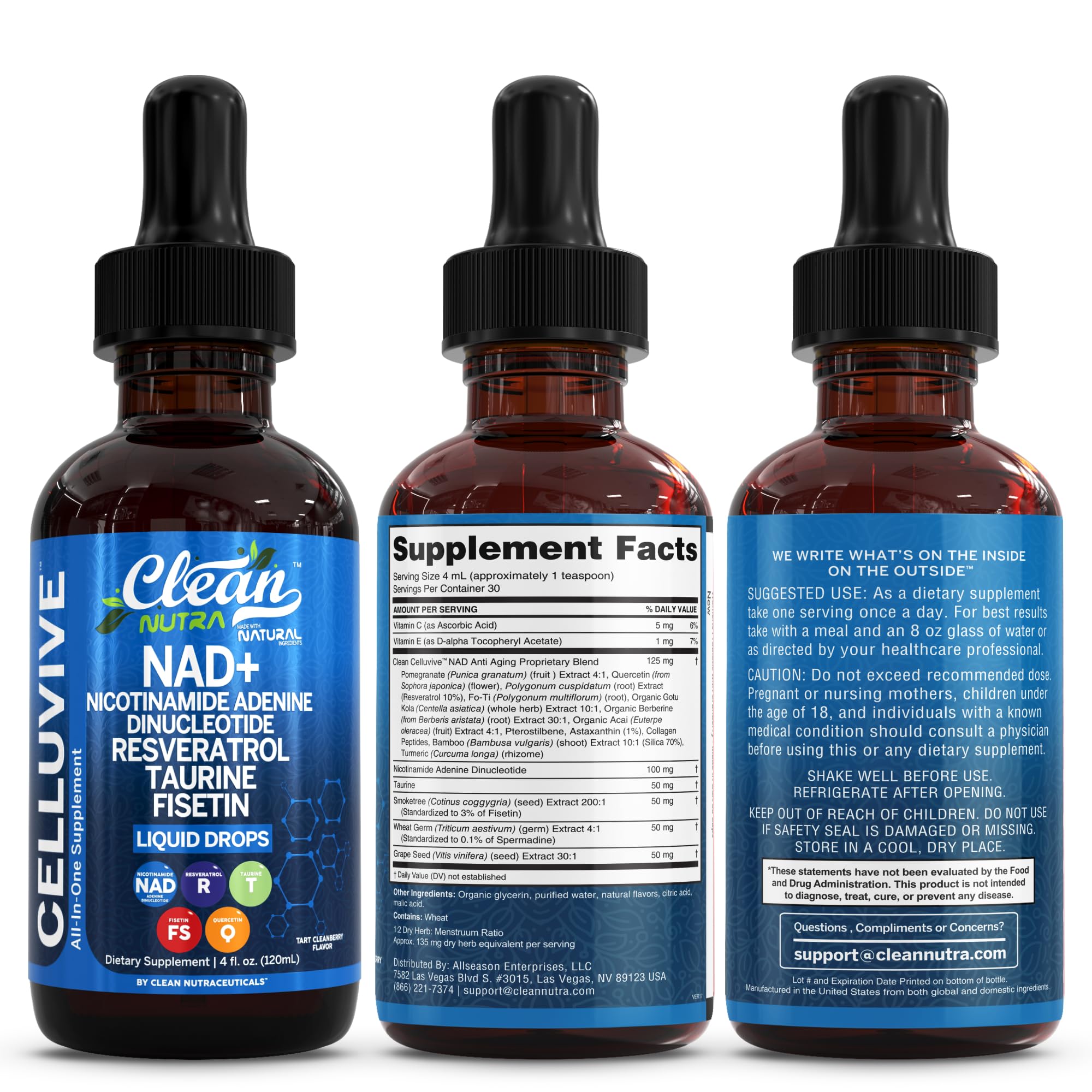 Clean Nutraceuticals botella junto a una taza para comparar escala y uso