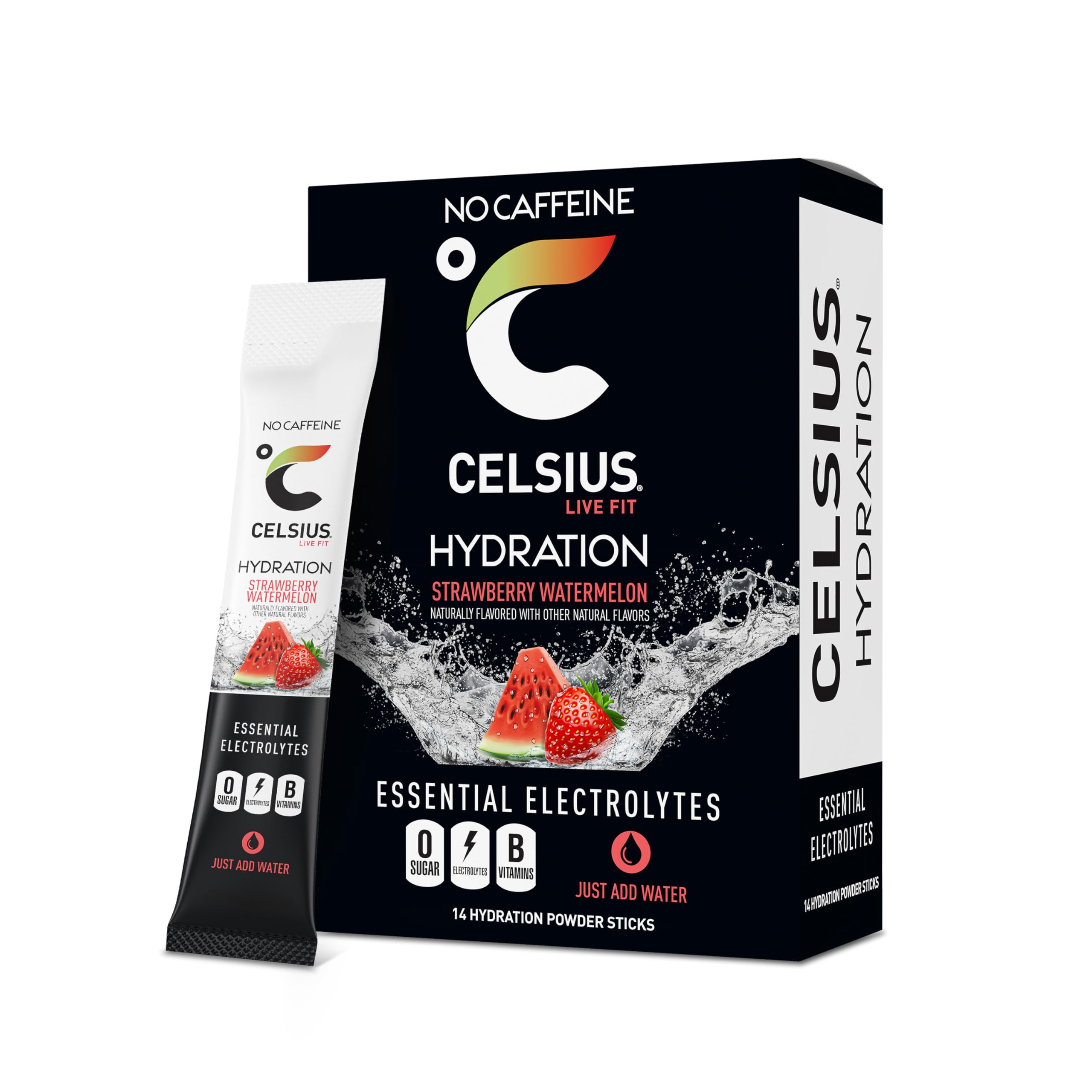 CELSIUS empaque frontal mostrando sabor Strawberry Watermelon y beneficios