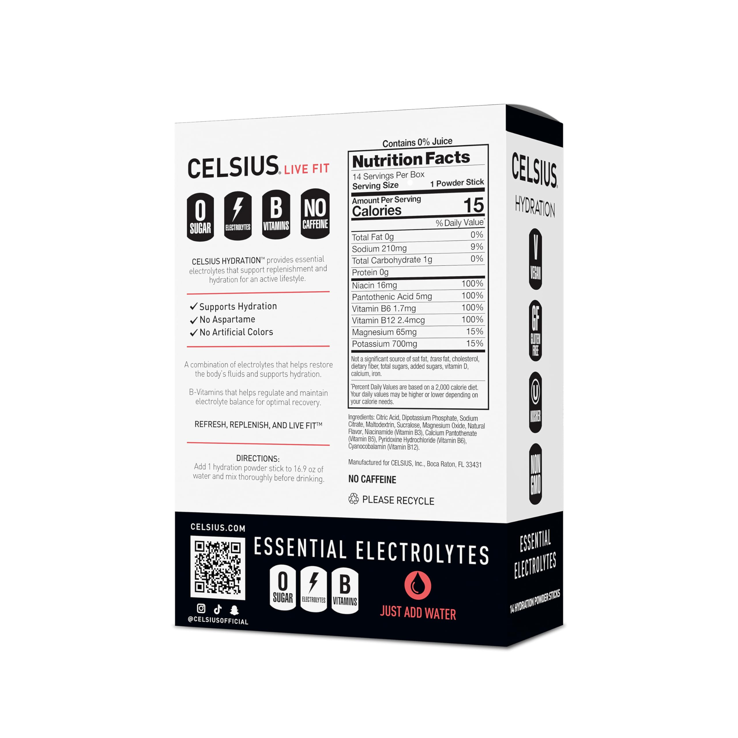 CELSIUS sobre abierto con polvo rosa mostrando textura y disolución fácil