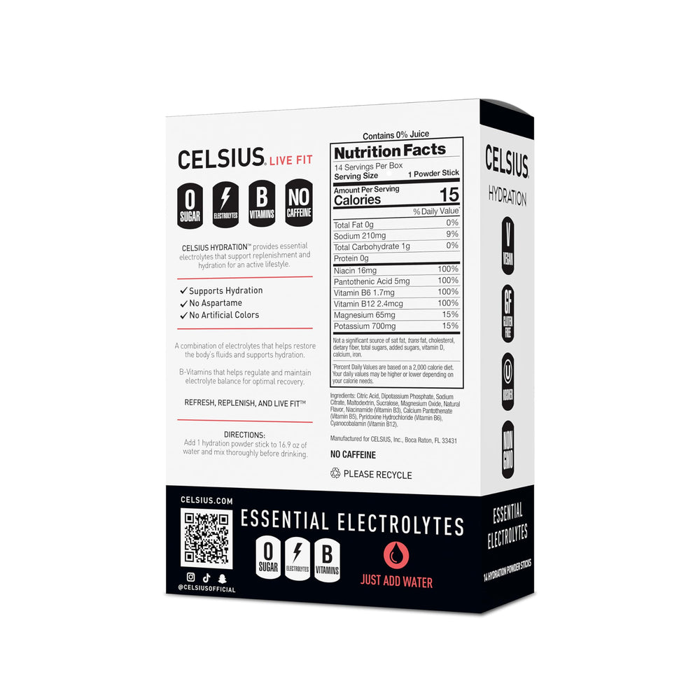 CELSIUS sobre abierto con polvo rosa mostrando textura y disolución fácil