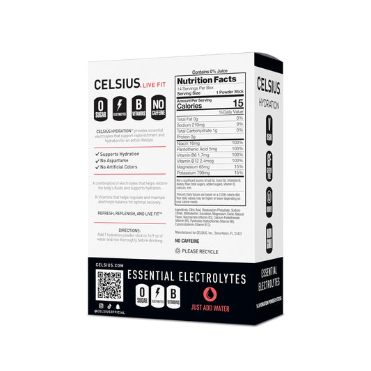 CELSIUS sobre abierto con polvo rosa mostrando textura y disolución fácil