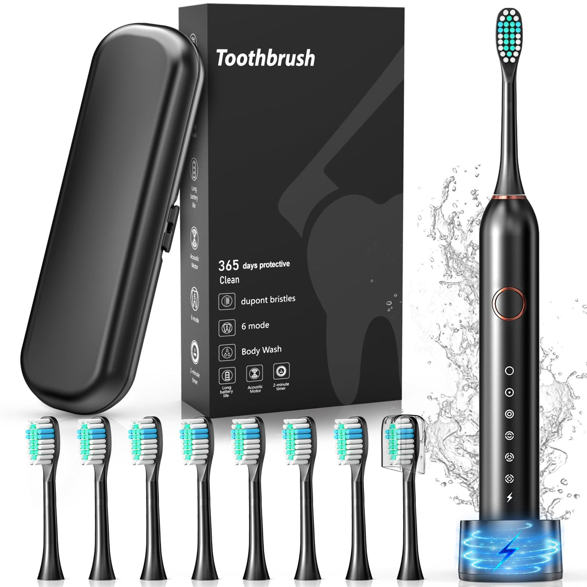 Cemobene vista frontal del cepillo eléctrico y embalaje, muestra kit completo