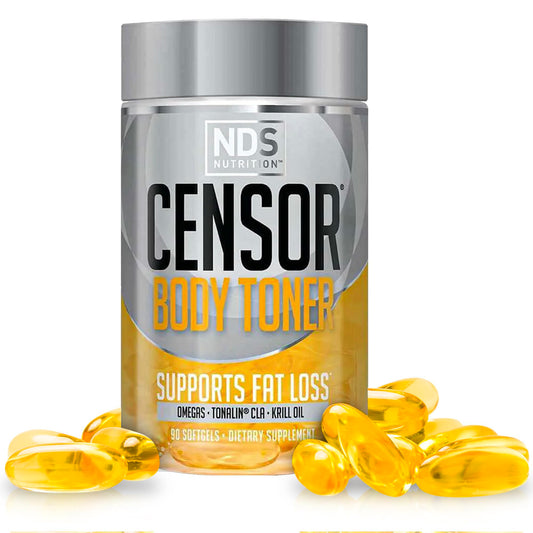 Censor bote frontal mostrando 90 softgels para tonificar zonas rebeldes