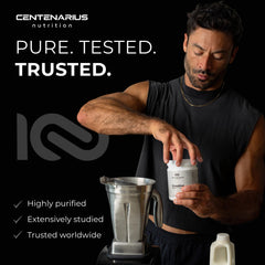 Centenarius Creatina etiqueta cercana con información de Creapure y recomendaciones