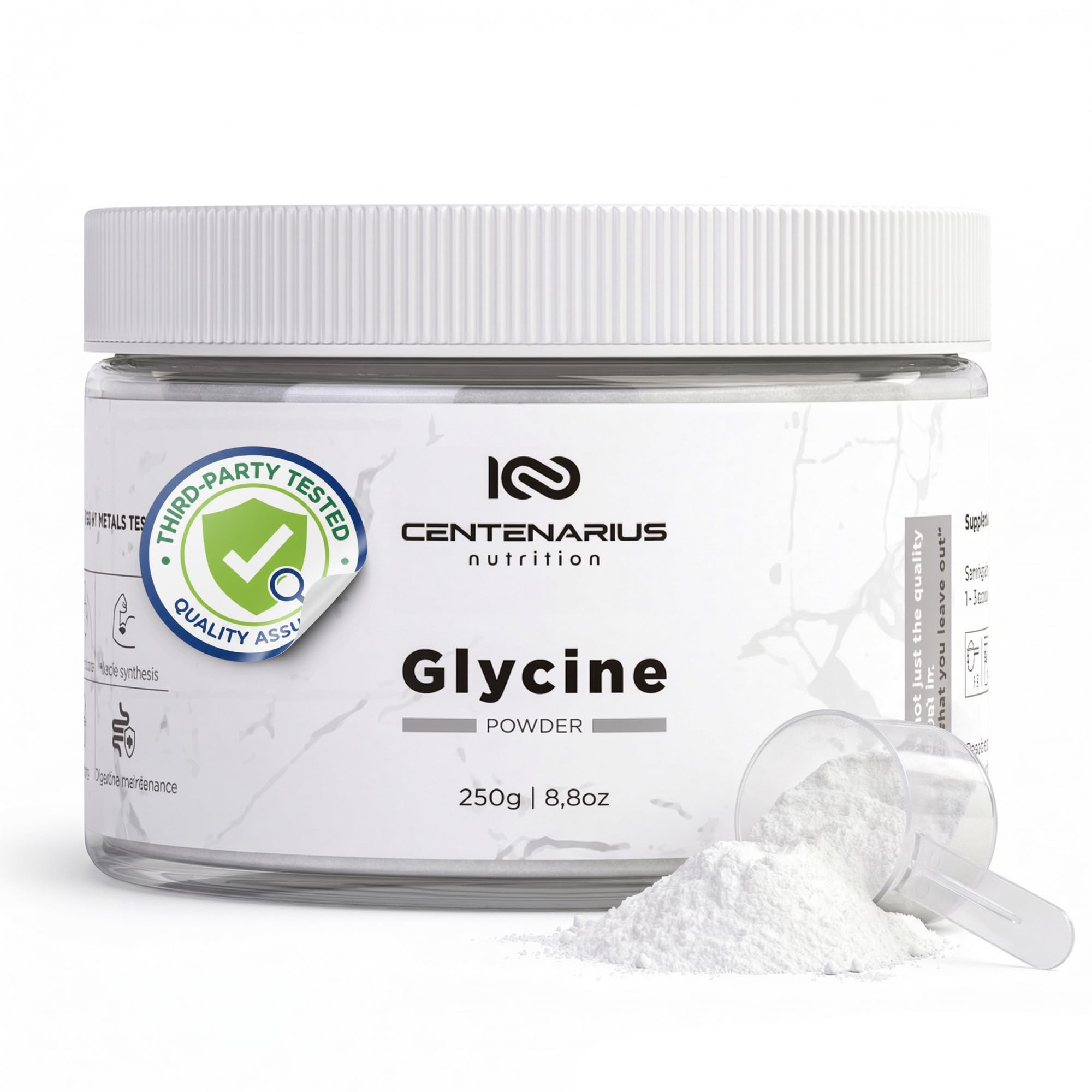 Centenarius Nutrition envase frontal de glicina 250g mostrando diseño y pureza