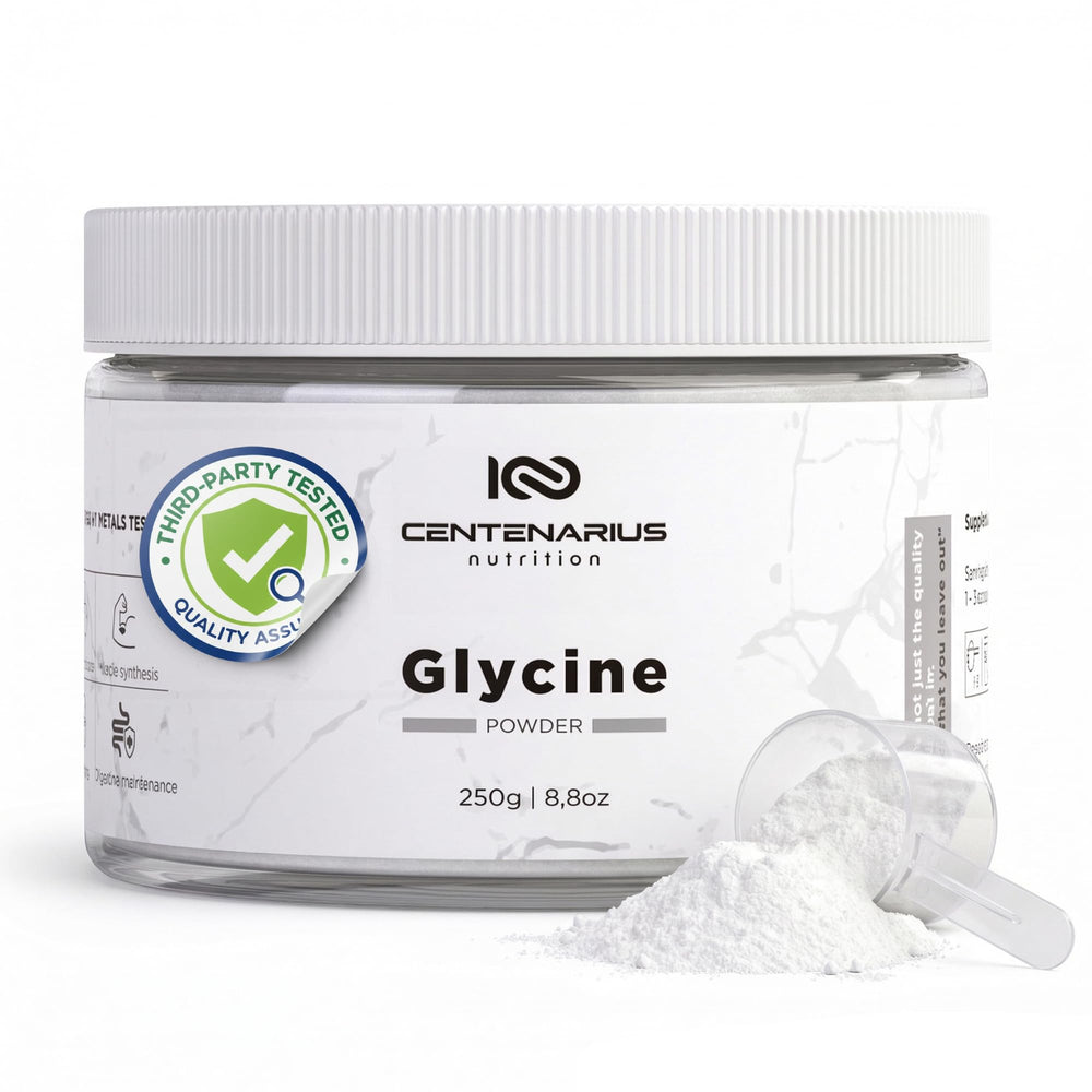Centenarius Nutrition envase frontal de glicina 250g mostrando diseño y pureza