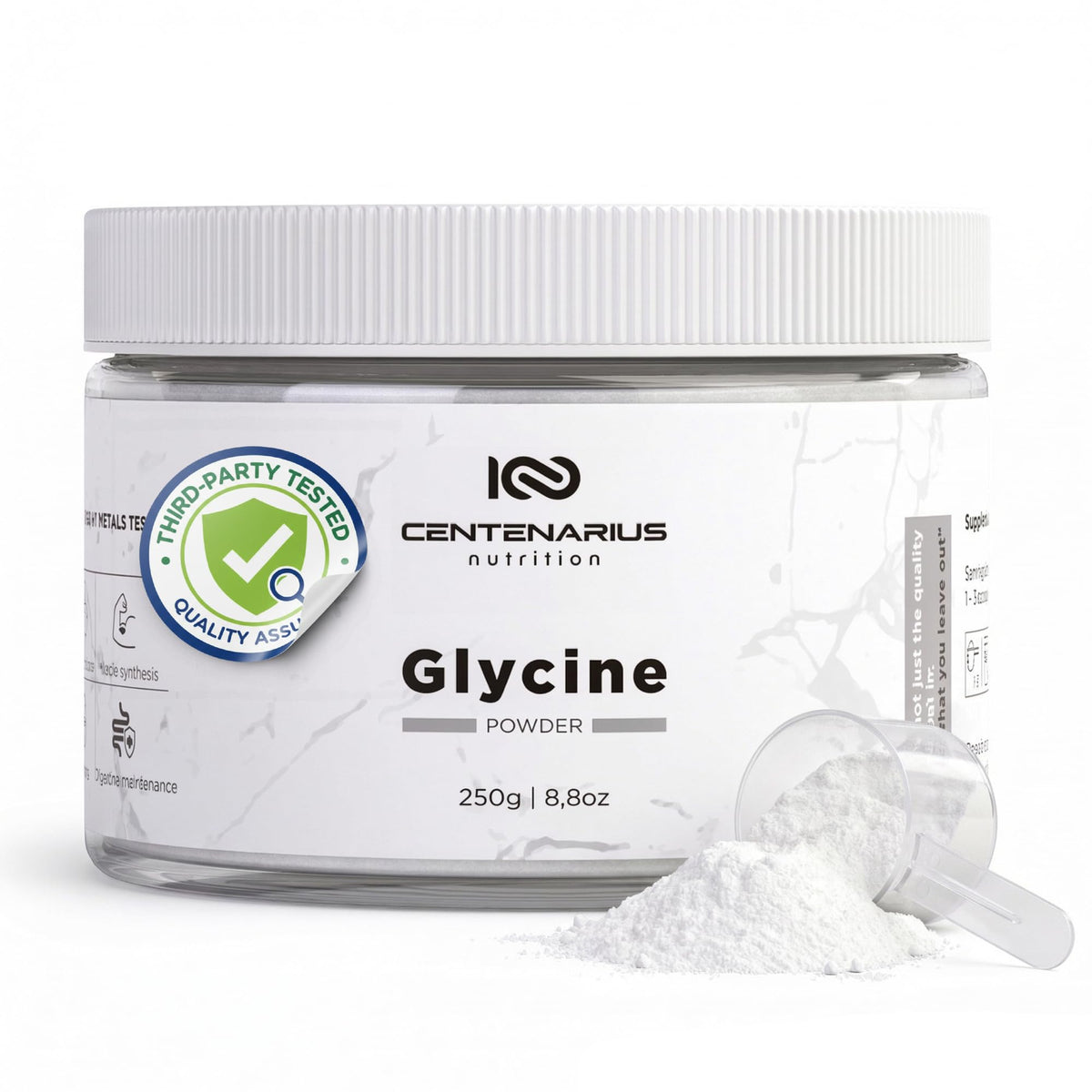 Centenarius Nutrition envase frontal de glicina 250g mostrando diseño y pureza