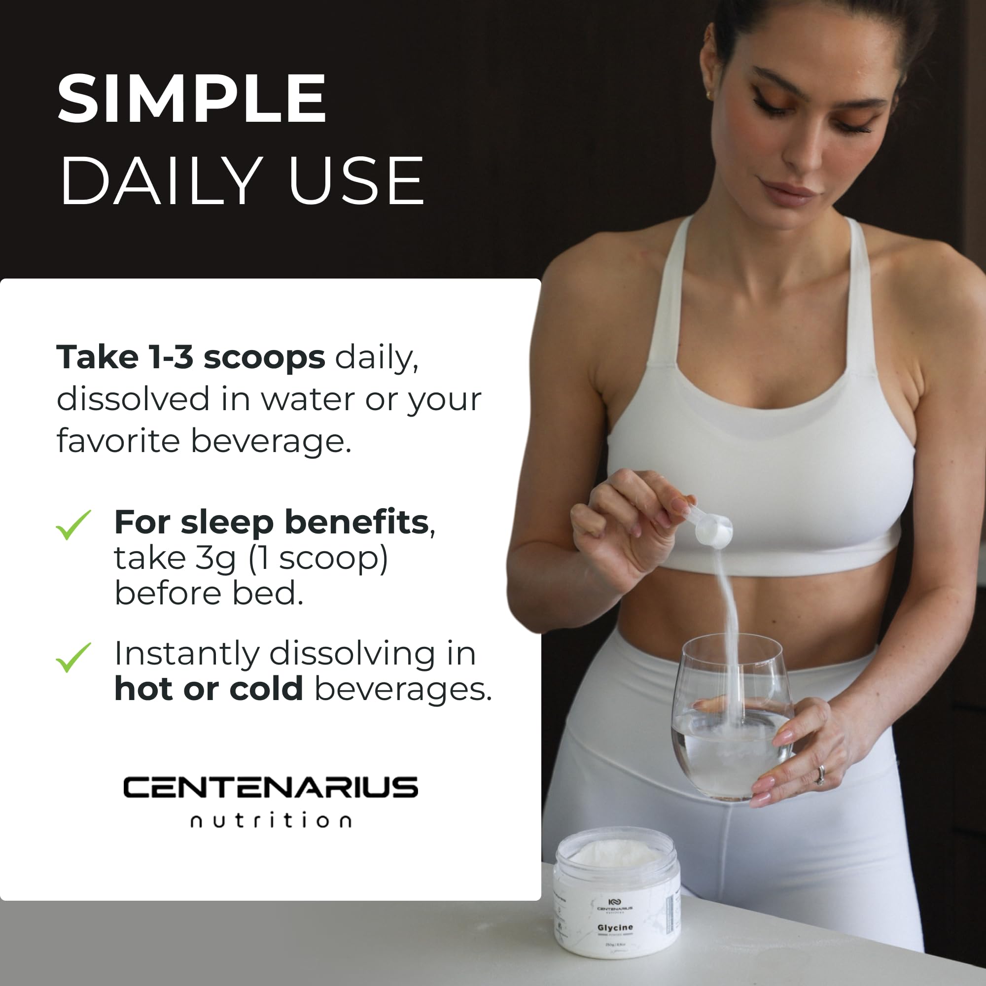 Centenarius Nutrition envase junto a una regla para comparar tamaño y porciones
