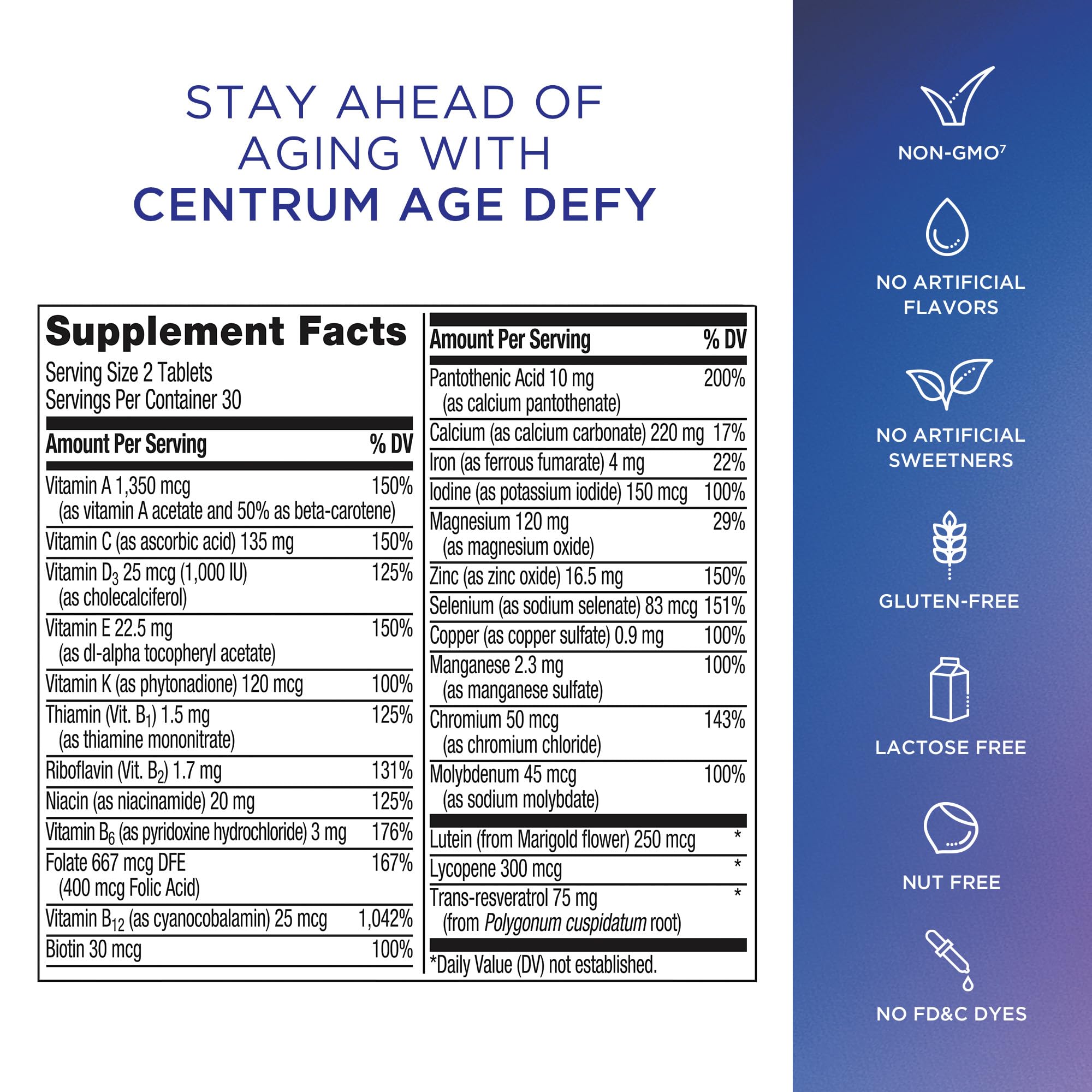 Botella de 60 tabletas Centrum Age Defy mostrando conteo