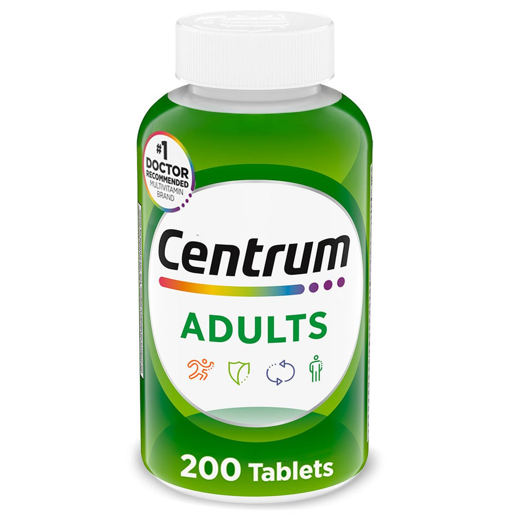 Centrum frasco frontal mostrando 200 tabletas y conveniencia