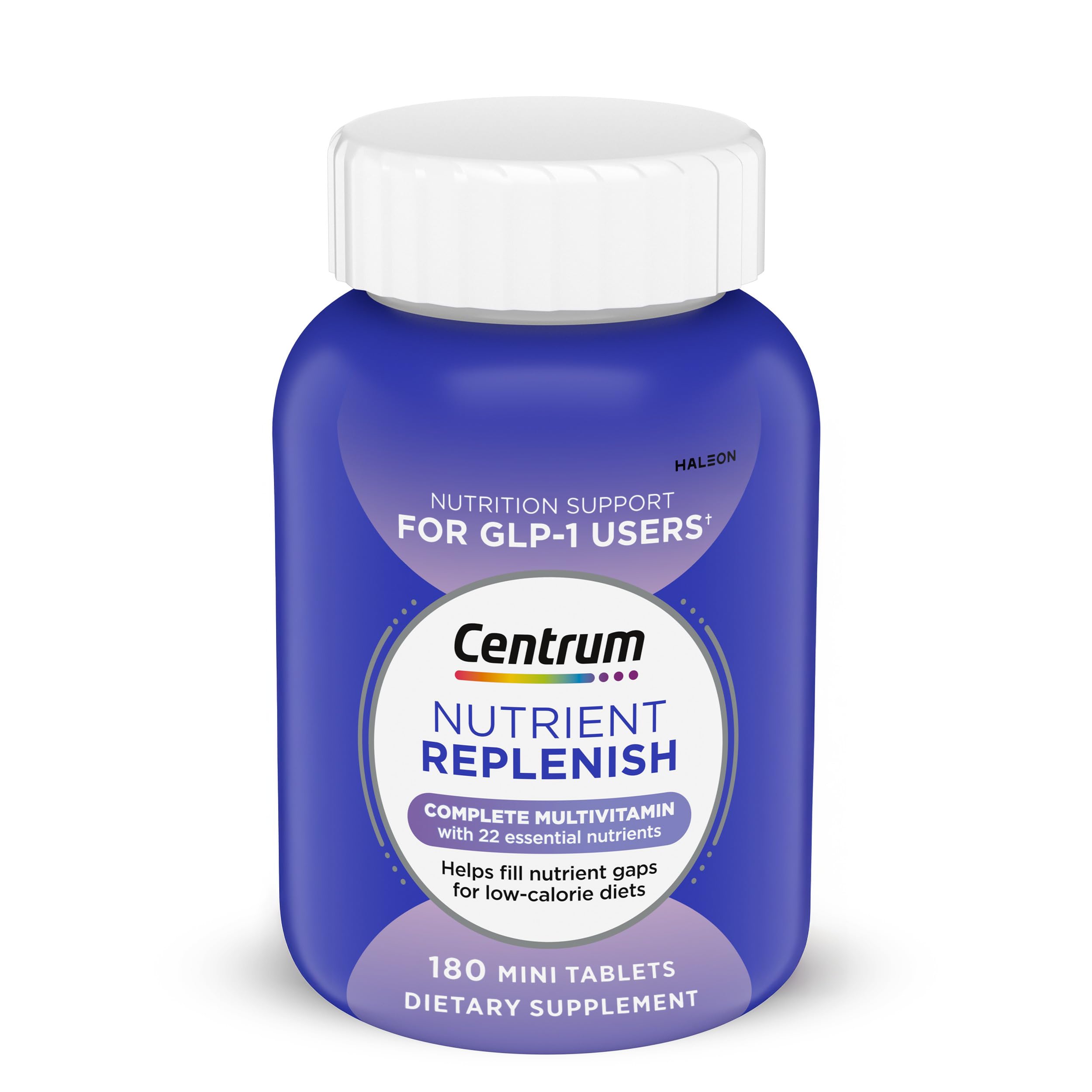 Centrum frasco frontal mostrando etiqueta y beneficio de cubrir deficiencias nutricionales
