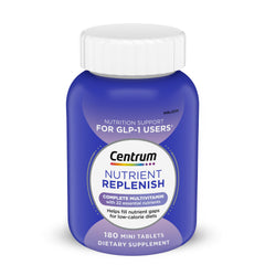 Centrum frasco frontal mostrando etiqueta y beneficio de cubrir deficiencias nutricionales