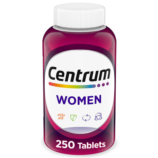Centrum frasco frontal mostrando 250 tabletas y beneficios esenciales