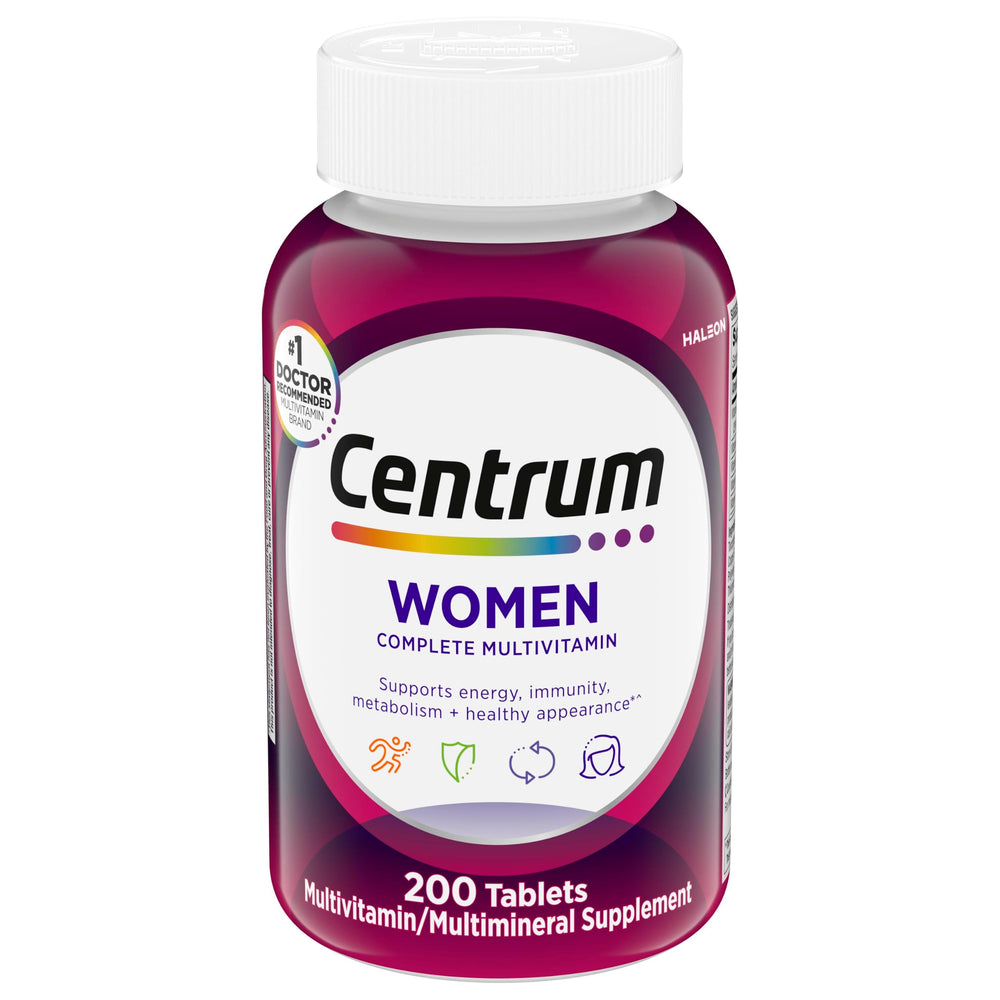 Centrum frente del empaque mostrando 200 tabletas y beneficios diarios