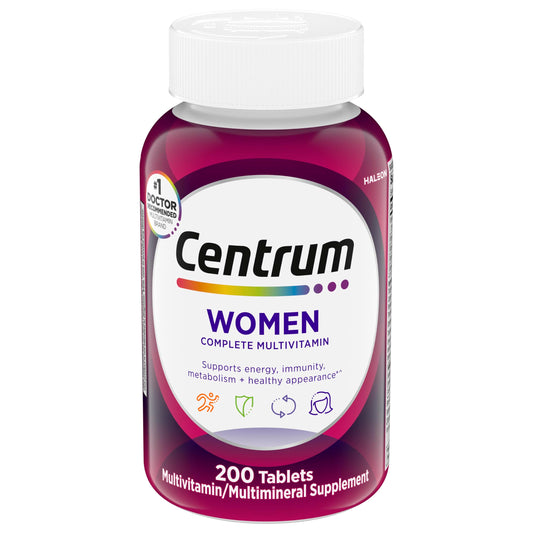 Centrum frente del empaque mostrando 200 tabletas y beneficios diarios